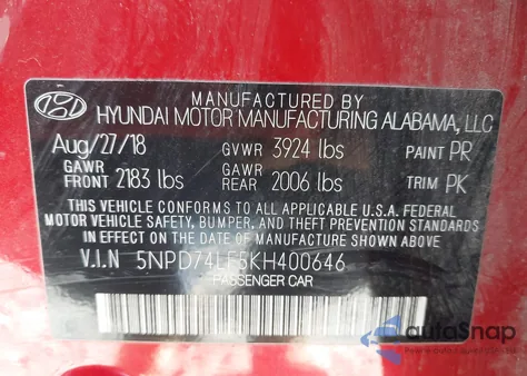 2019 Hyundai Elantra Se z USA, uszkodzony, nr VIN 5NPD74LF5KH400646